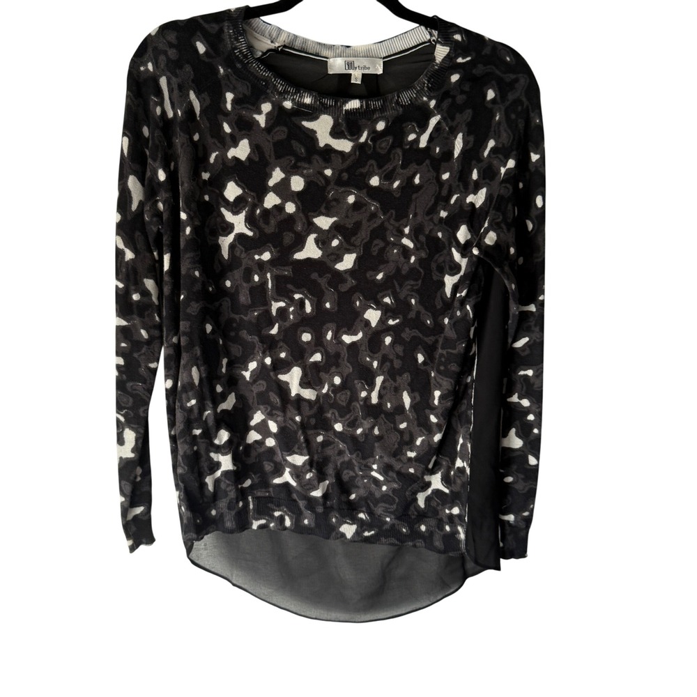 Lily Tribe Women's Small Abstract Print‎ Sheer Hem Long Sleeve Sweater Top